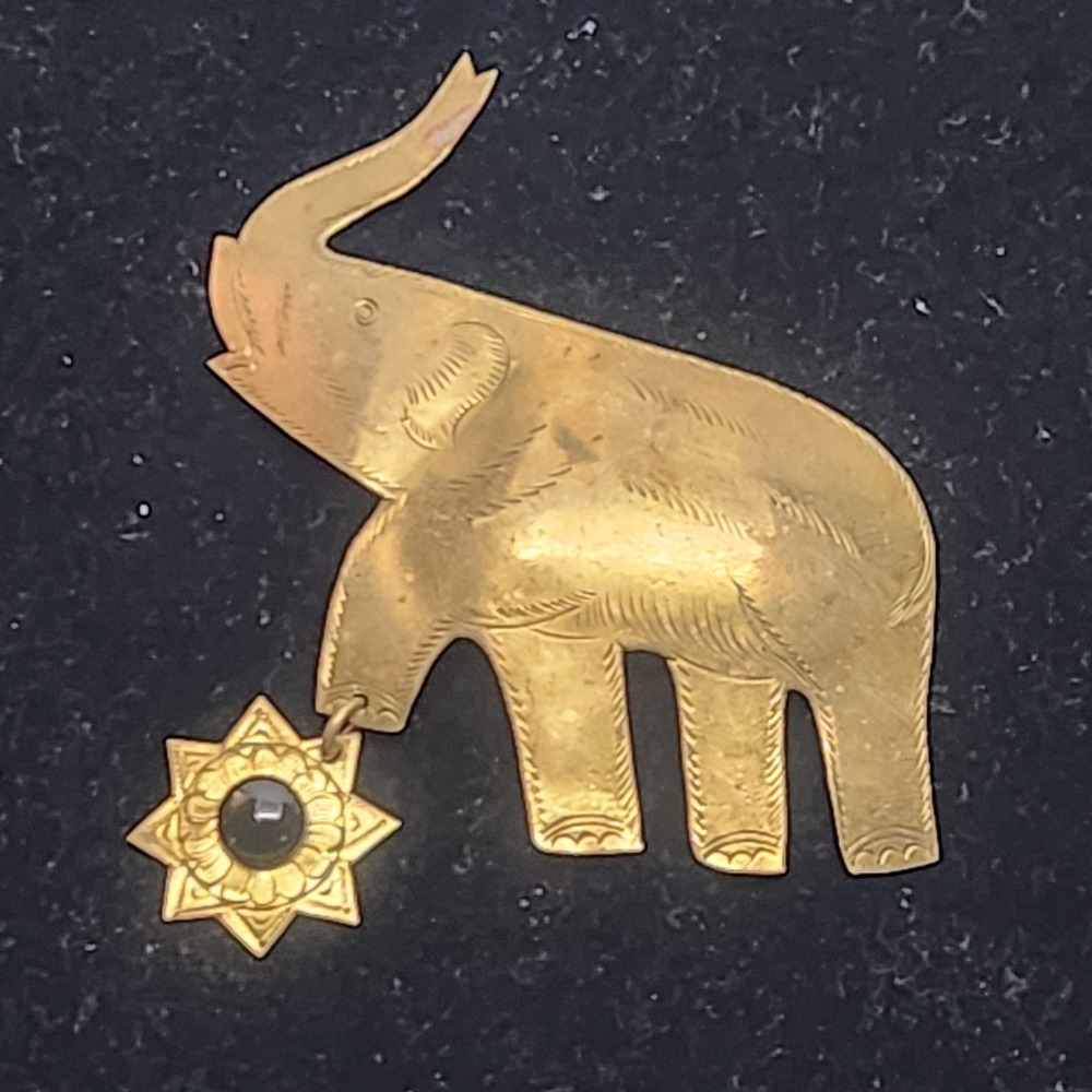 Vintage Brass Elephant Brooch with Dangling Star Charm Gold Tone Lucky Pin